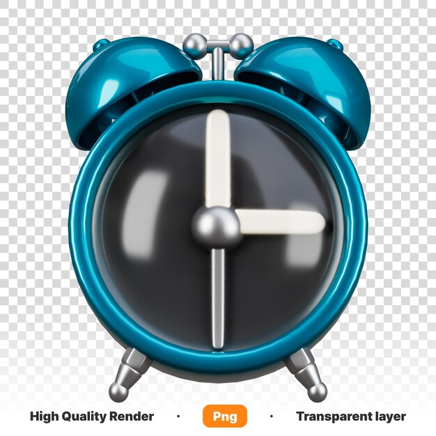 PSD 3d illustration of a blue alarm clock with a blue black face in transparent background