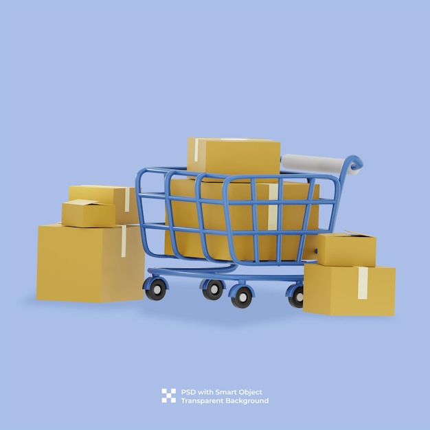 PSD 3d illustration of a blue cart and boxes package