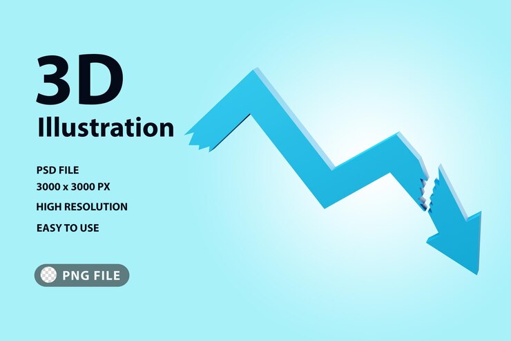 PSD 3d illustration blue downfall arrow showing downward trend