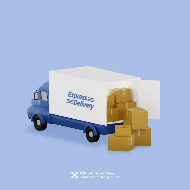 3d illustration of a blue truck dropping box package