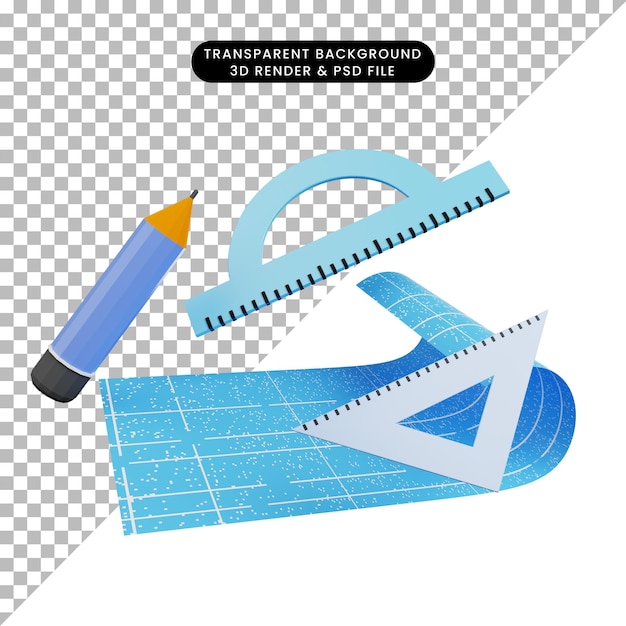 PSD 3d illustration of blueprint paper with pencil and ruler