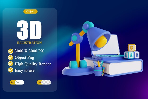 3D illustration book and laptop study lamp