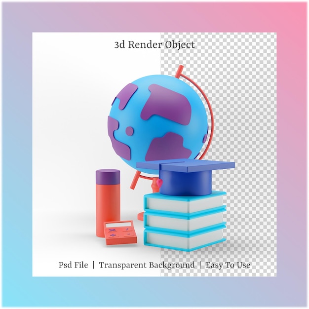 PSD illustrazione 3d del libro e del cappello di laurea con il concetto di ritorno a scuola