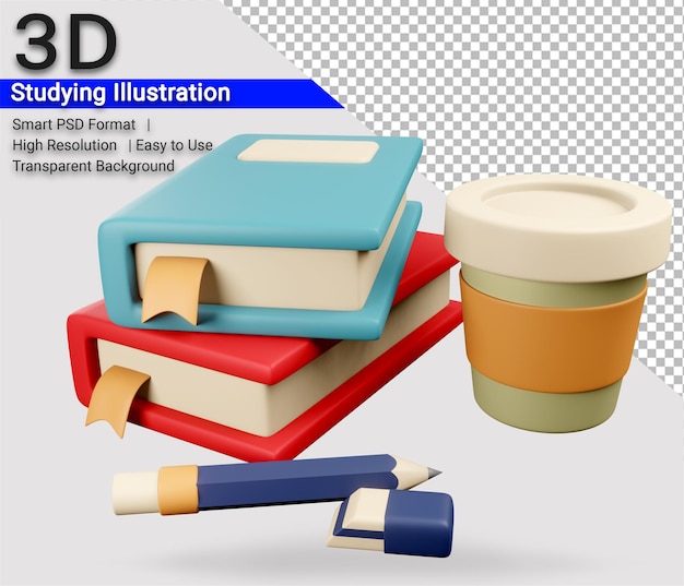 PSD illustrazione 3d libro matita tazza da caffè su studio con sfondo trasparente