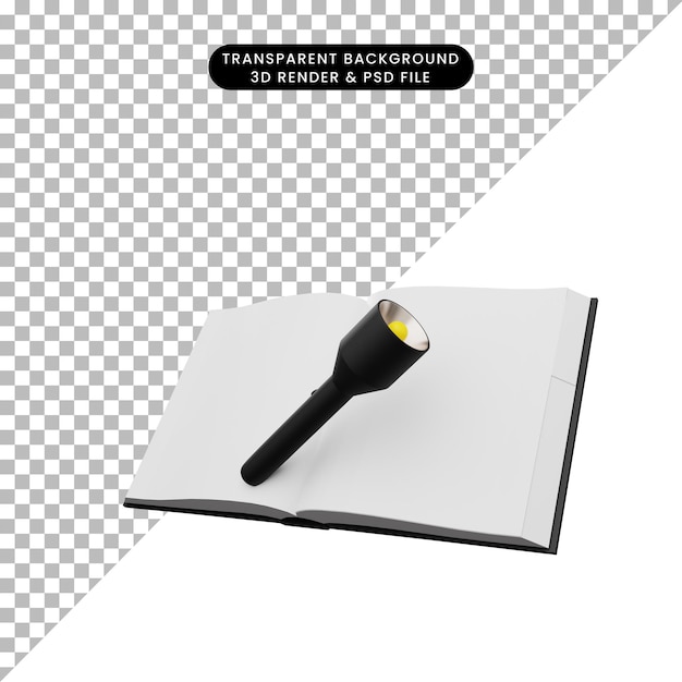 PSD 3d illustration of book with flashlight