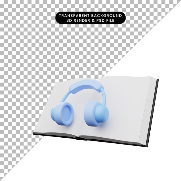 PSD illustrazione 3d del libro con auricolare