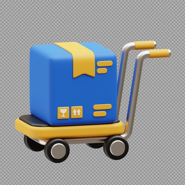 PSD 3d illustration of a box kept on trolley used to take heavy boxes from one place to other with clear