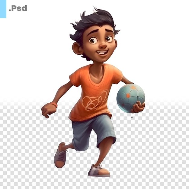 PSD illustrazione 3d di un ragazzo che corre con un pallone da calcio isolato su sfondo bianco modello psd