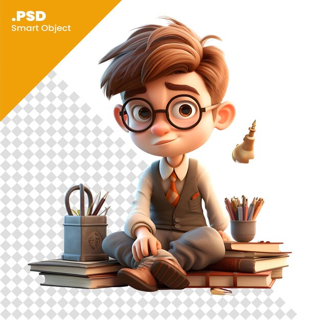 PSD 3d illustration of a boy sitting on a pile of books with glasses psd template