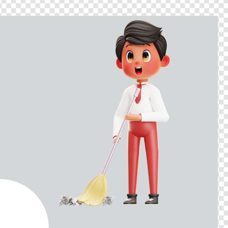 PSD 3d illustration boy student sweeping the floor