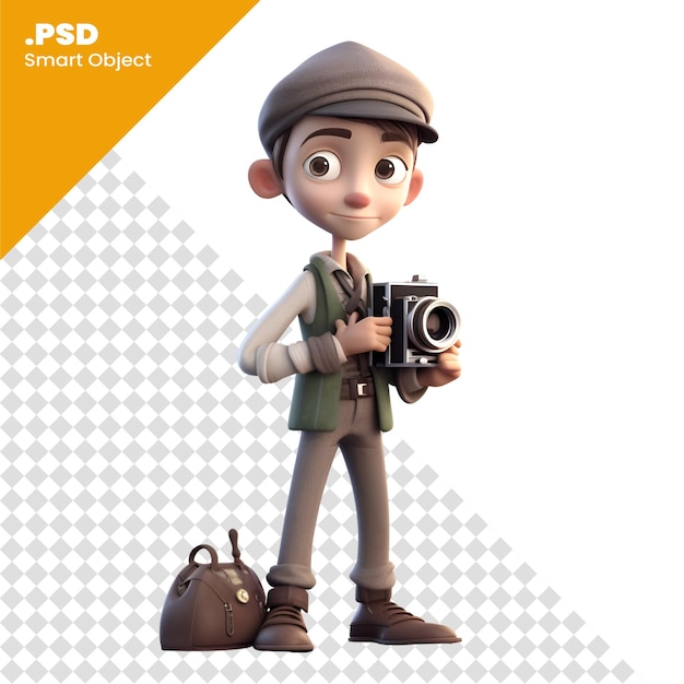 Illustrazione 3d di un ragazzo con una macchina fotografica su un modello psd di sfondo bianco