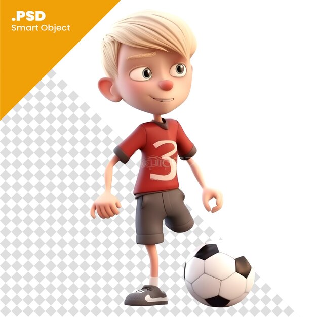 3d illustration of a boy with a soccer ball. isolated white background. psd template