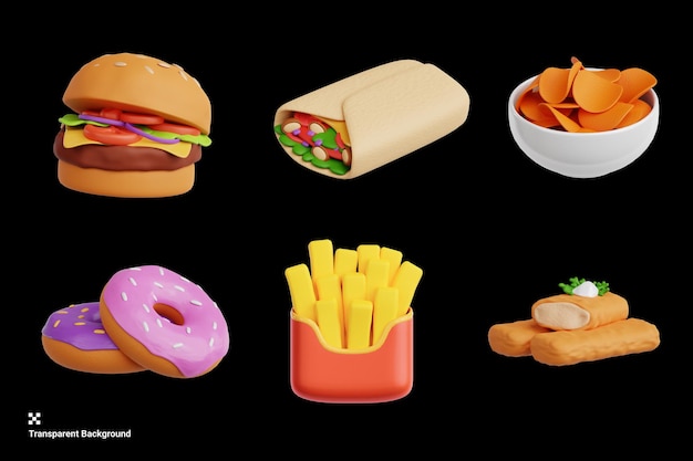 Illustrazione 3d di burger burrito chips donut french fries fish nugget