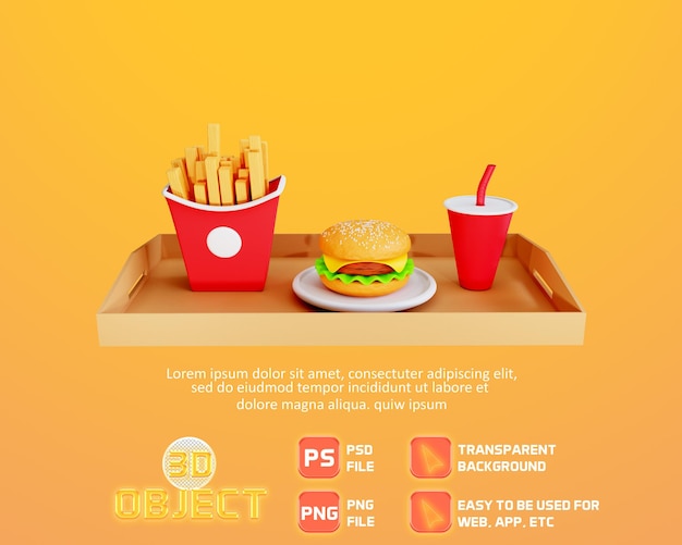 3d illustration of burger french fries and drink on wooden tray