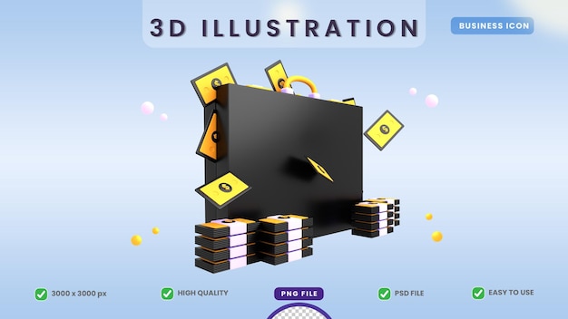 3d иллюстрация деловой портфель, полный бумажных денег премиум psd