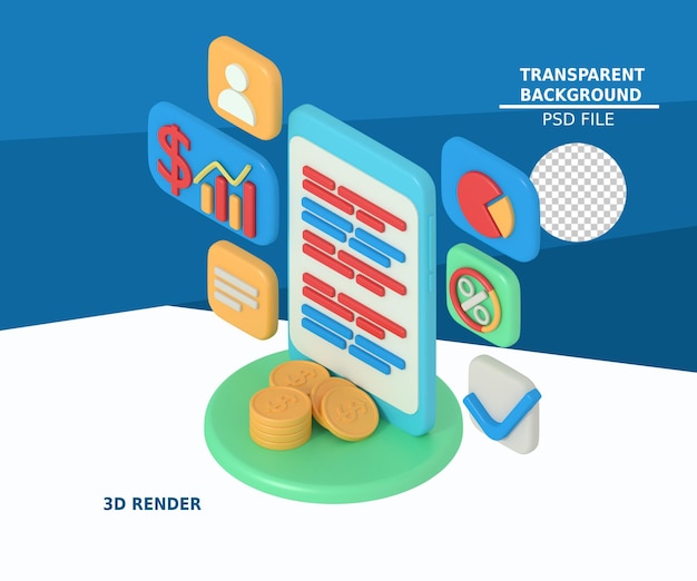 PSD 3d illustration of business financial report in phone