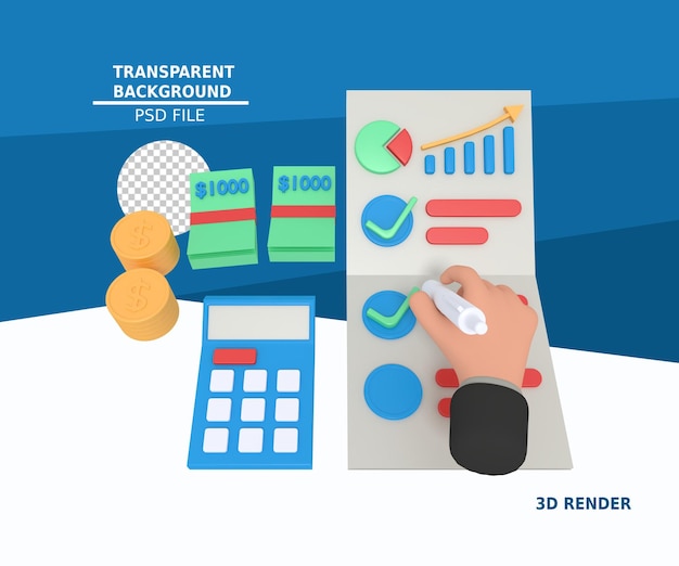 PSD 3d illustration of business growth calculation checklist