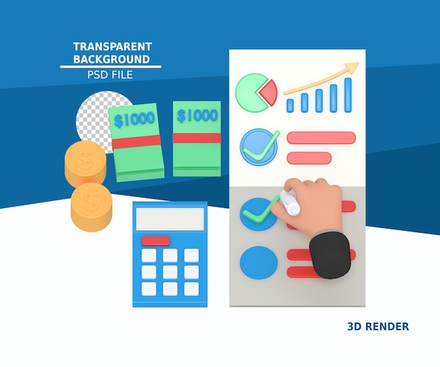 PSD 3d illustration of business growth calculation checklist