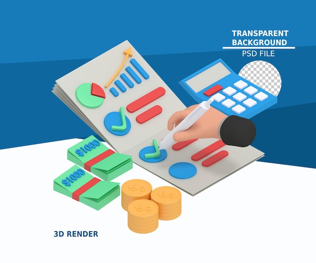 PSD 3d illustration of business growth calculation checklist