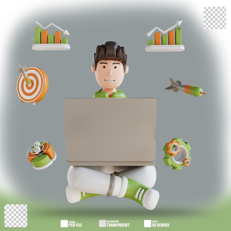 PSD 3d illustration business man sitting with laptop appearance 2