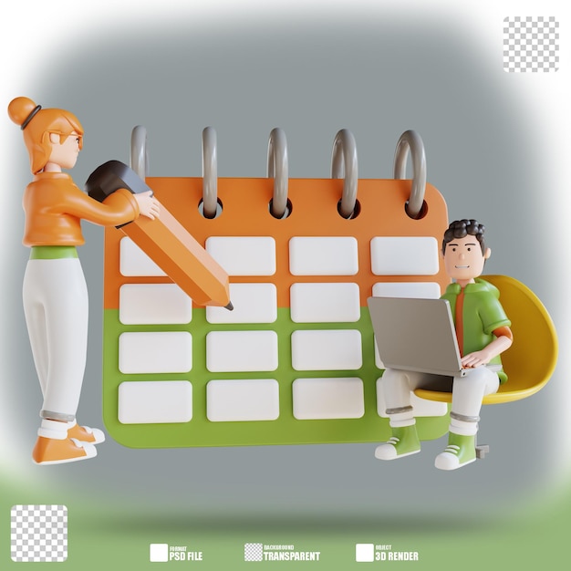 3d illustration business man and woman planning schedule and calendar