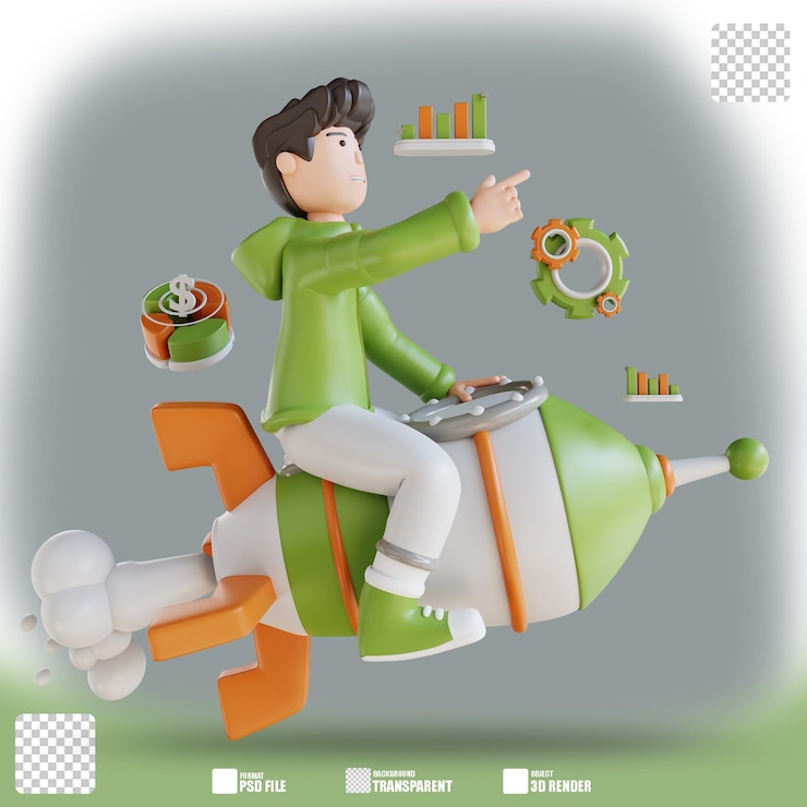PSD 3d иллюстрация деловой мужчина и женщина с ракетой 3