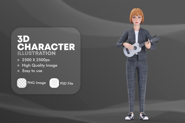 PSD 3d illustration business woman with black outfit playing guitar or ukulele