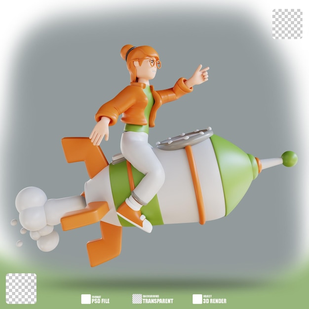 3d illustration business woman with rocket 2