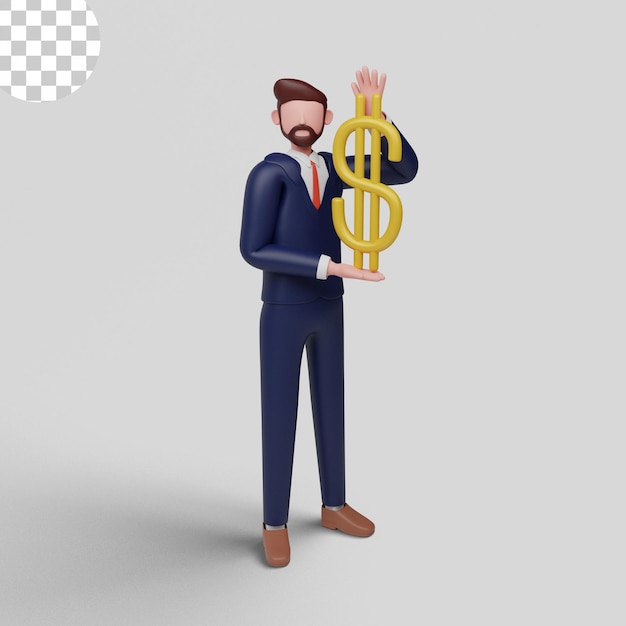 Illustrazione 3d. uomo d'affari che tiene il concetto del dollaro