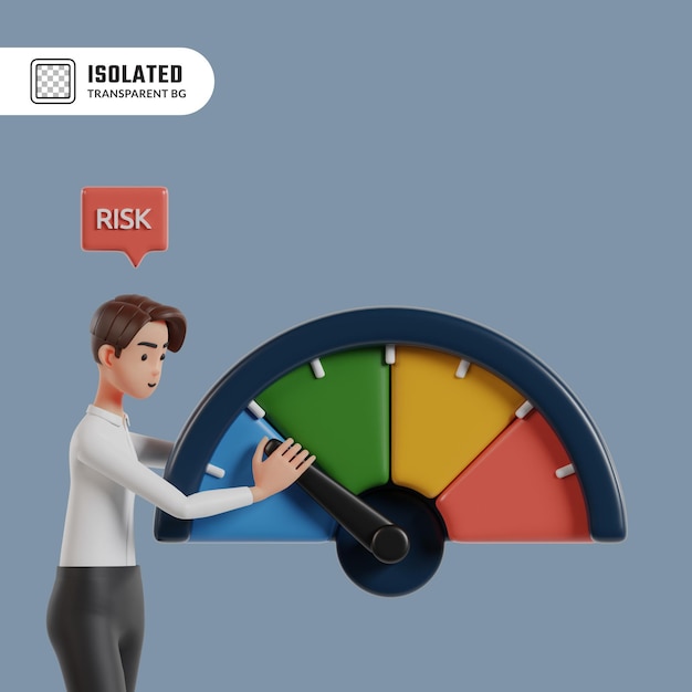 PSD l'illustrazione 3d di un uomo d'affari ritiene che il misuratore di rischio sia a basso livello di rischio di investimento