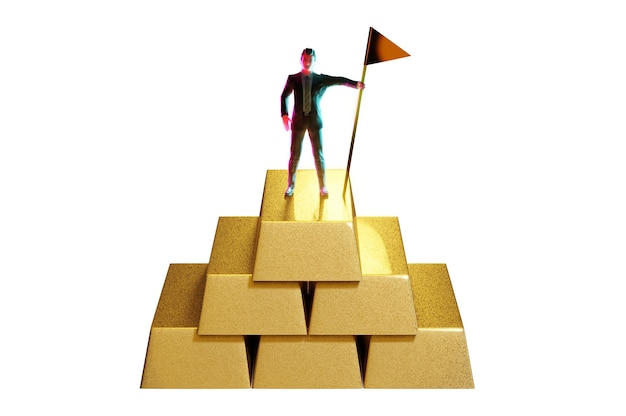 3D-иллюстрация Бизнесмен представляет инвестиции в виде стопки золотых слитков и графика с красной стрелкой, глядя в будущее для нового лидера, возможности для бизнеса в общественном парке. Концепция планирования
