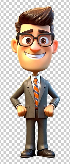 PSD illustrazione 3d di un uomo d'affari, personaggio di cartone animato con un'espressione allegra