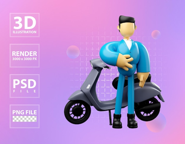 3d illustration of businessman posing on grey scooter