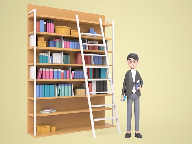 3D illustration businessman standing in  library interior with book shelve
