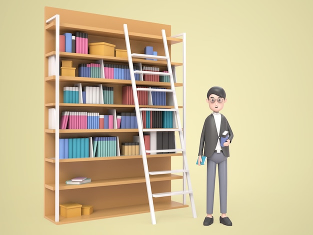 3d illustration businessman standing in  library interior with book shelve