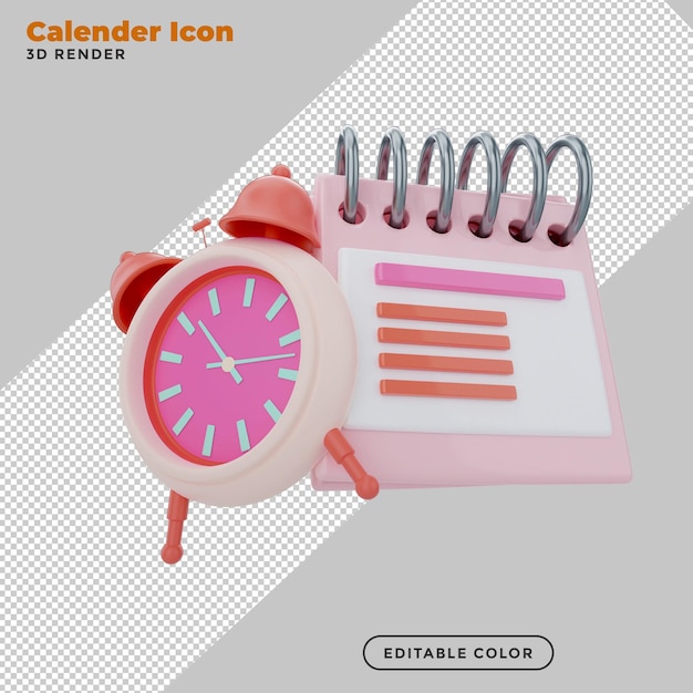 Illustrazione 3d simbolo dell'icona del calendario e sveglia design minimale in stile cartone animato