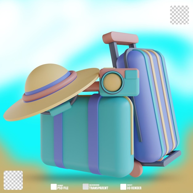 3D illustration camera hat and suitcase