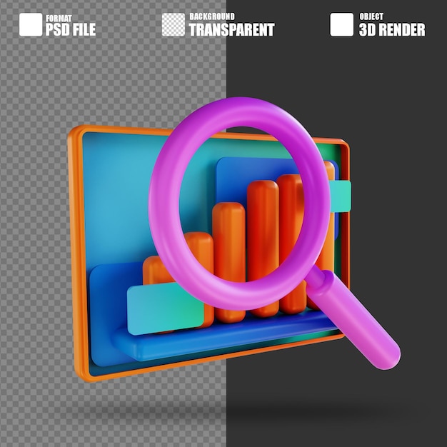 PSD 3d illustration candle chart and magnifying glass 3