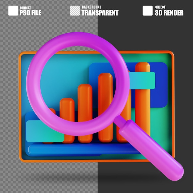 3D illustration candle chart and magnifying glass