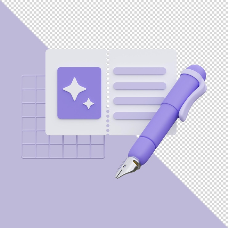PSD 3d 卡片和筆的紫色插圖