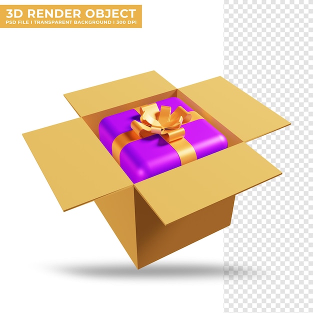 Illustrazione 3d di cartone contenente una confezione regalo