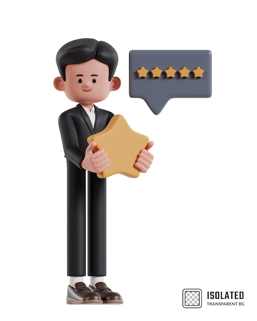 3d illustration of cartoon businessman received and earned a five star rating