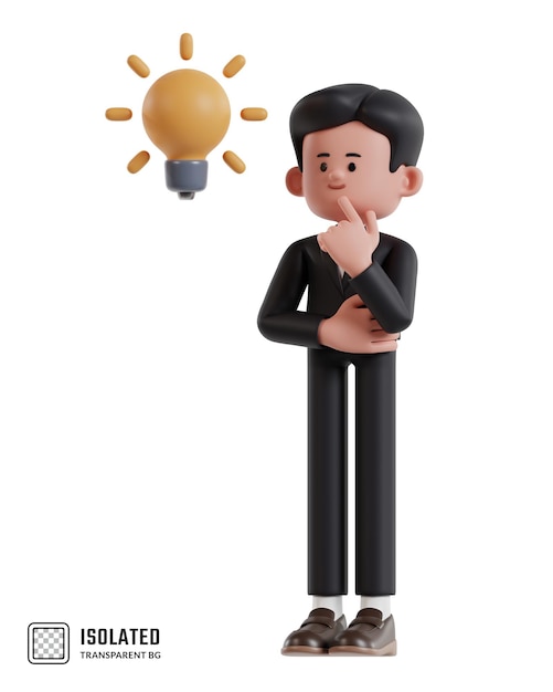 アイデアを探してあごに手を握って考える漫画のビジネスマンの 3 d イラストレーション