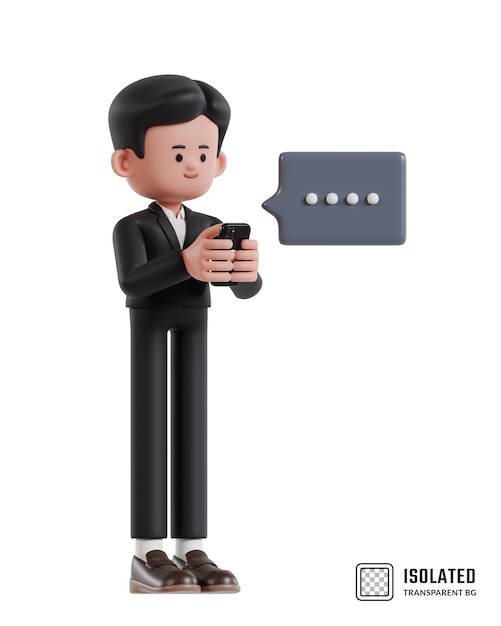 3d illustration of cartoon businessman typing message on cell phone