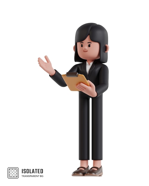 Illustrazione 3d della donna d'affari del fumetto che presenta mentre tiene gli appunti