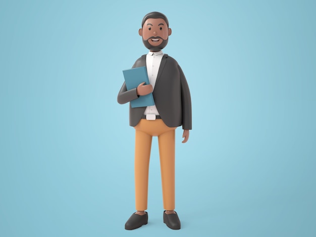3D illustration cartoon character beard businessman standing and hold tablet in his arm with smile