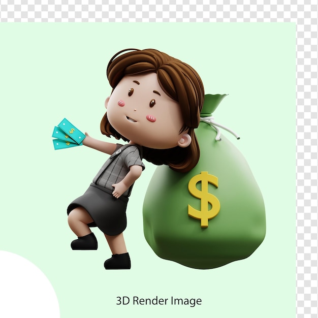 3d иллюстрация мультипликационный персонаж деловая женщина с денежной сумкой