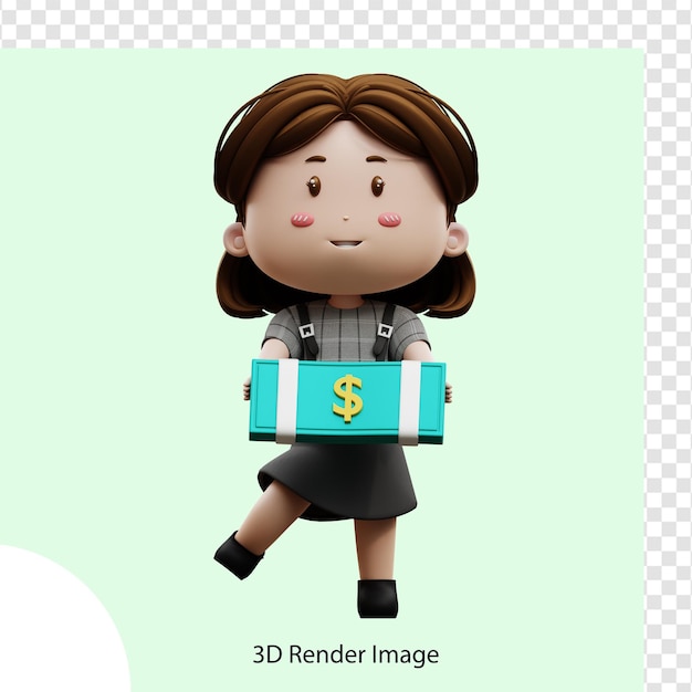 PSD 3d иллюстрация мультипликационный персонаж бизнесвумен с деньгами доллар