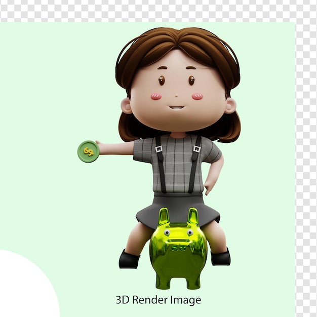 3d illustration cartoon character businesswoman with piggy bank