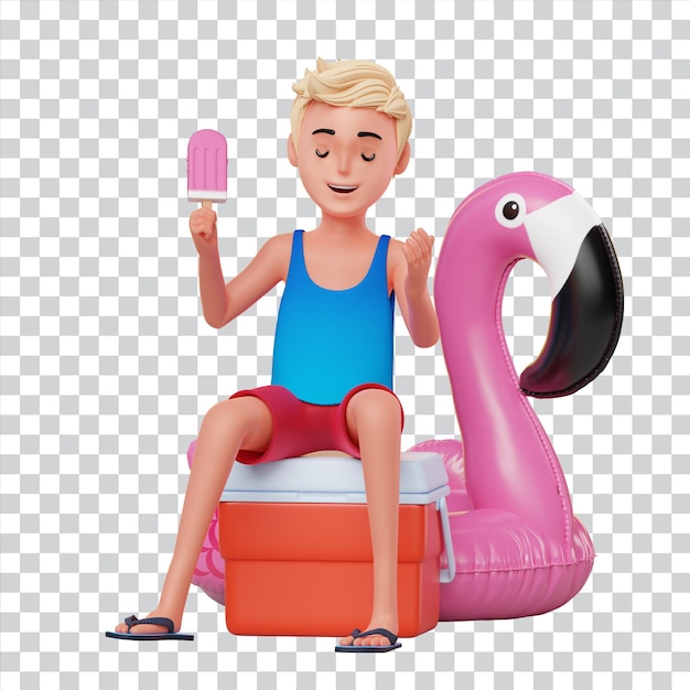 Illustrazione 3d personaggio dei cartoni animati di un uomo carino che mangia un gelato durante le sue vacanze estive